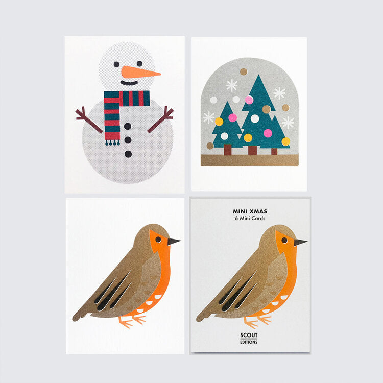 Mini Riso Xmas Card Set: Snowman, Snow Globe, Robin